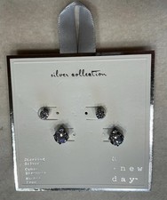 NEW - A New Day Sterling Silver Stud Earrings Set of 2 Cubic Zirconia 2 