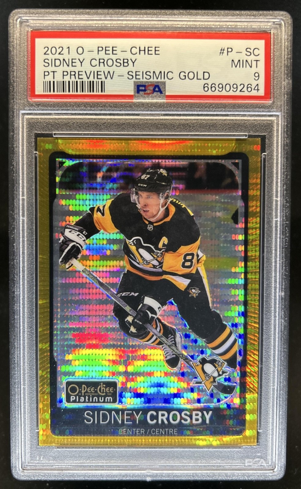 2021-22 O-Pee-Chee Sidney Crosby OPC Platinum Preview Seismic Gold #/25 PSA 9