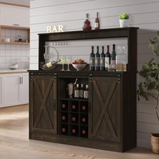 Farmhouse Coffee Bar Cabinet with 6 Hooks, 47 Inch Wine Bar Cabinet with 9 Racks