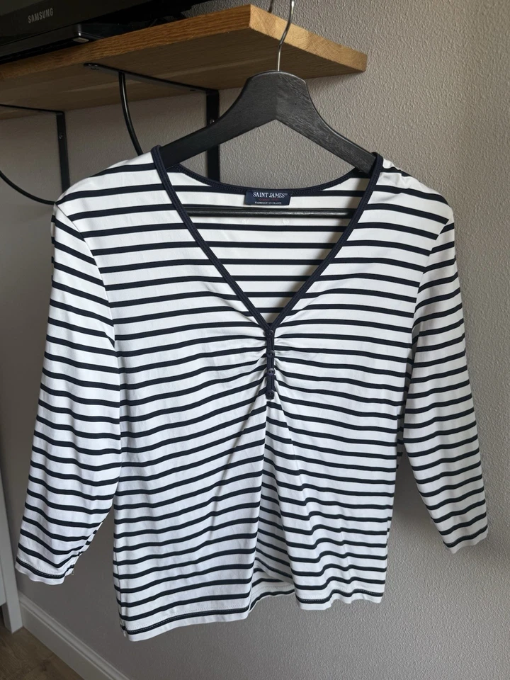 Saint James T-shirt marinière femme rayé blanc/bleu marine col V manches 3/4 - Photo 4/4