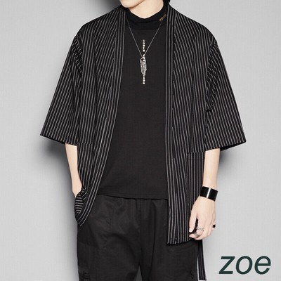 Men's 3/4 Sleeve Cardigan Japanese Cloak Thin Robe Jacket Casual Stripe Coats