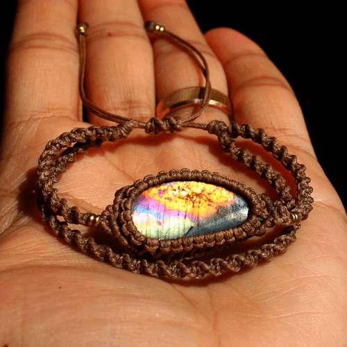 Hand Crafted Natural Spectrolite Gemstone Rainbow Flash Micro Macrame Bracelet