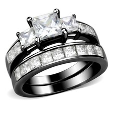 3 Stone Type 6mm Princess CZ Womens Black IP Stainless Steel Wedding Ring Set