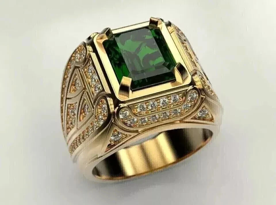 Anillo de boda solitario de diamantes y esmeraldas verdes de 5 quilates para hombre de oro amarillo de 14 quilates Foto 4 de 4