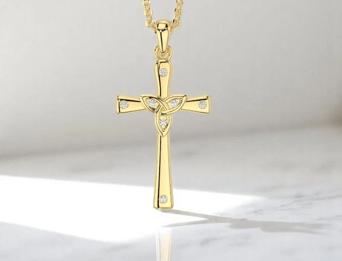 14K Solid Yellow Gold Celtic CrossDiamond Pendant, Celtic Diamond Cross Pendant - Image 3 of 3
