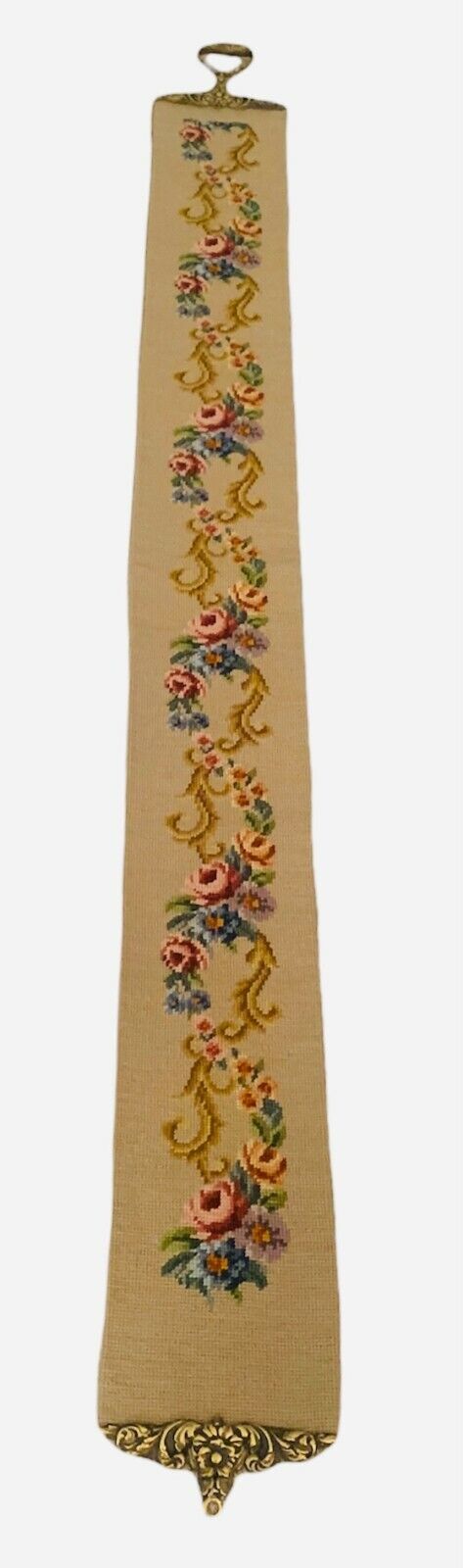 Vintage Wall Tapestry Bell Pull Brass Accents Floral Hanging Decor 68"x 6 1/2" 