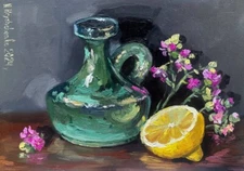 Original Oil Painting Still life with vintage ceramic vase, flowers and lemon