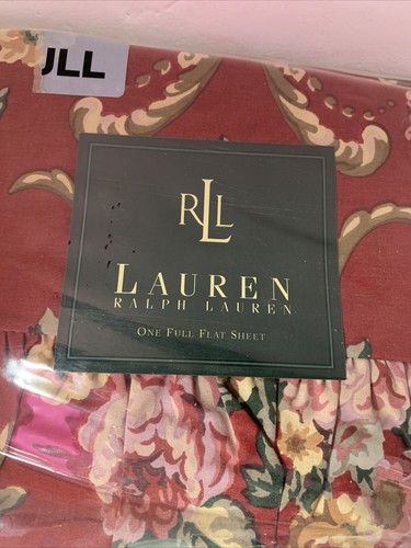 Vtg New in Package Ralph Lauren Full Flat Sheet Marseilles Floral Red Ruffle US - Picture 3 of 8