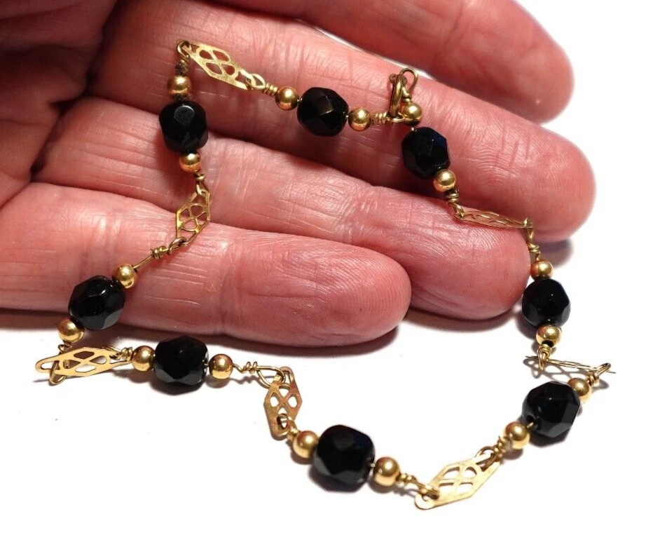 14K GOLD FILLED ONXY BRACELET 9 英寸 ANKLET 3.6 克 — 第 2/2 张图片