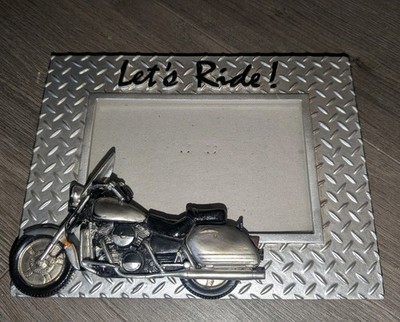 3D  Let s Ride Motorcycle Picture Frame 4x6 Photo Diamond Plate Tread Background