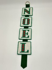 VTG Handmade Christmas Needlepoint wall hanging NOEL green/white on ribbon
