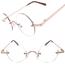 50s 60s Vintage Style Steampunk Lennon Round Clear Lens Eye Glasses Gold Frame