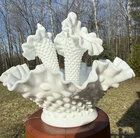 FENTON Vintage White Milk Glass Hobnail Ruffle Edge Epergne 3 Horn Vase Bowl