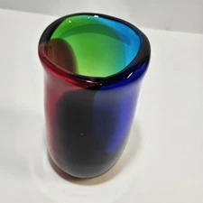 Rainbow Multicolor Vase Art Glass 8" Cylinder Thick Heavy Vintage