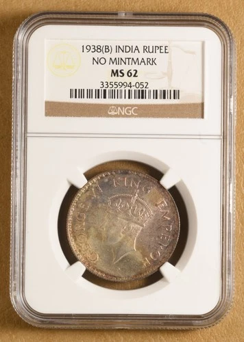 1938 B British India Rupee 'No Mintmark' NGC MS62