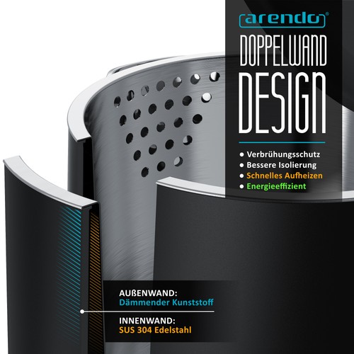 Arendo Wasserkocher 1,5L 2200W Trockengehschutz 360° Schwarz Matt - Bild 4 von 7