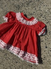 Vintage 90s JC penny Baby Dress Smock Red Lace Polkadot Size 1 18-23 lbs