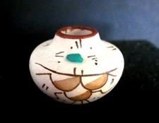 Miniature Acoma Pueblo Native American Seed Pot Rain Clouds & Turquoise signed