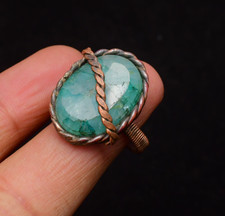 Emerald Gemstone Copper Wire Wrapped Handmade Jewelry Ring Size 6.5