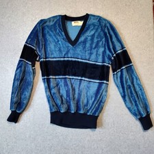 Vintage Velour V Neck Sweater Size S Blue Long Sleeve USA Made Retro