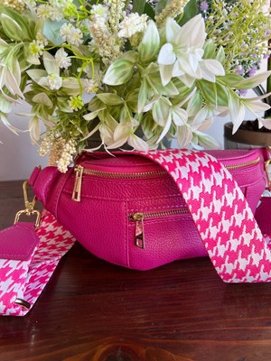 Damen Mädchen Gürteltasche Echtleder Rosa Fuchsia Doppel Schultergurt