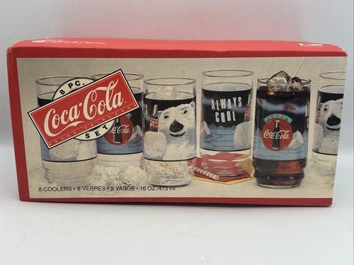 MTB-Vintage Coca Cola Always Cool Polar Bear Glass Set 8 Pc Indiana Glass 16oz