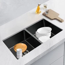 32"x18'' Drop-in Double Bowl Basin Kitchen Sink Black With Filter Baskets