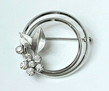 VINTAGE BROSCHE VERSILBERT SIGNIERT KREMENTZ sehr feine Blume Strass Kreis NEU 3,5cm