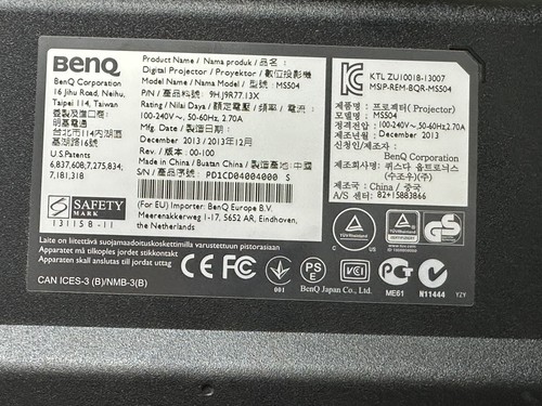 BENQ MS504 DLP 3,000 Lumens PC 3D Ready Projector 2010 Lamp Hours Used - Picture 15 of 15