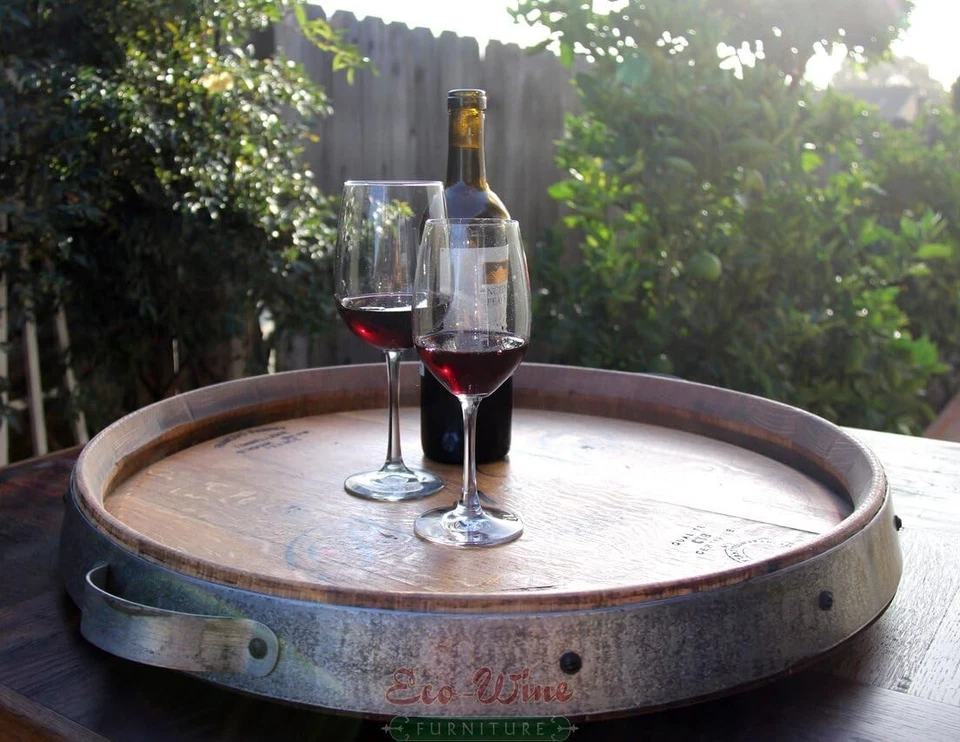 Wine Barrel Lazy Susan w/ Steel Rim & Handles – Reclaimed Oak – 23” Tray - Image 3 of 3