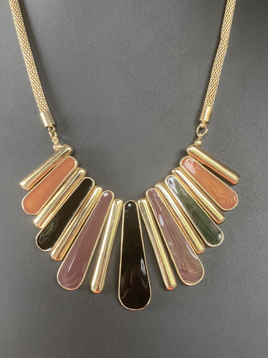 Statement Necklace Panel Fringe Enamel Earth Tone Pallet Gold Tone