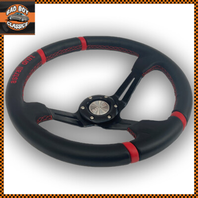 14'' 350mm Black Red Astrali Racing Steering Wheel Dished Genuine Leather