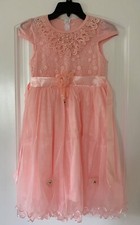 Girls Dusty Pink Lace Flower Pearl Dress Size 10-11
