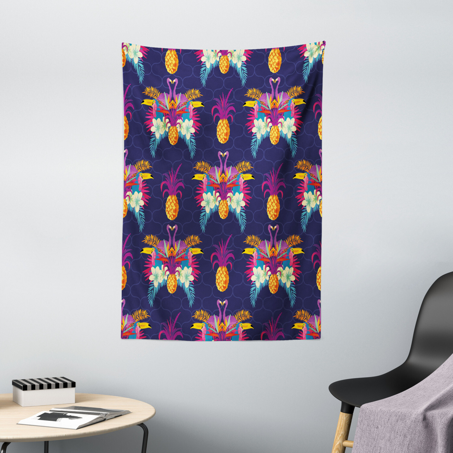 Exotic Tapestry Vivid Flowers Pineapples Print Wall Hanging Decor