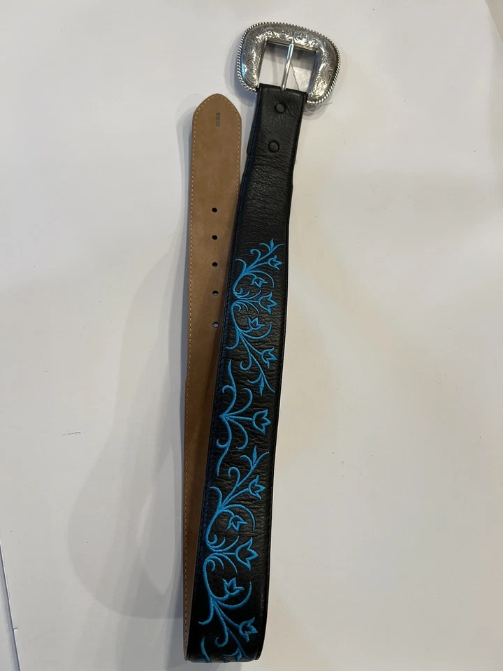 Cinturón Brighton Nuevo con Etiquetas Cuero Marrón Pradera Hebilla Plateada Azul Teal Flores Talla 30 Foto 4 de 4