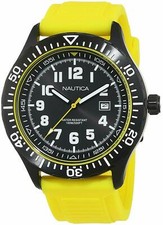 New NAUTICA NSR 105 Black Dial Yellow Silicone Strap Men's Watch 44mm NAD13527G