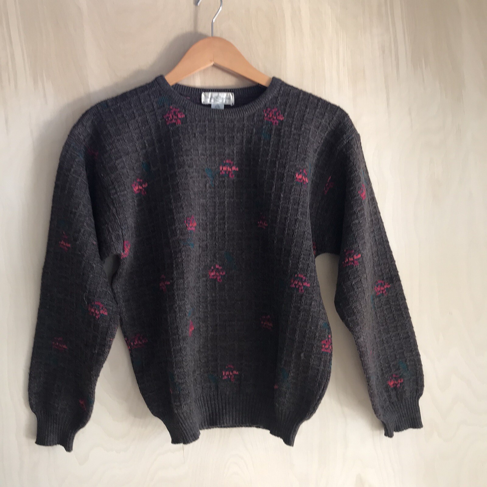 Vintage Women's Tricots St. Raphael Pure New Wool Sweater Brown Floral Small