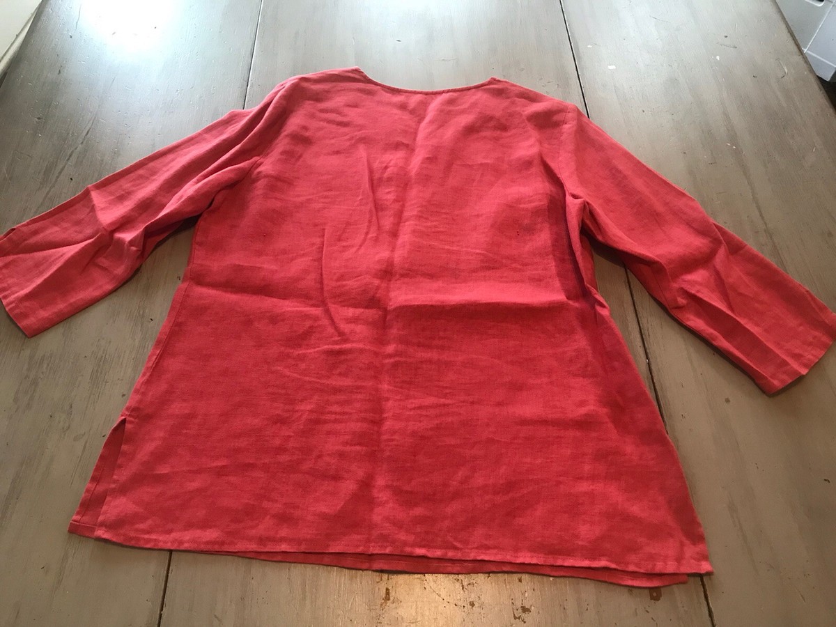 Blouse JM Collection PINK Taille 16W – Lin Orange, Manches 3/4 Relevables, Décolleté V, NEUF