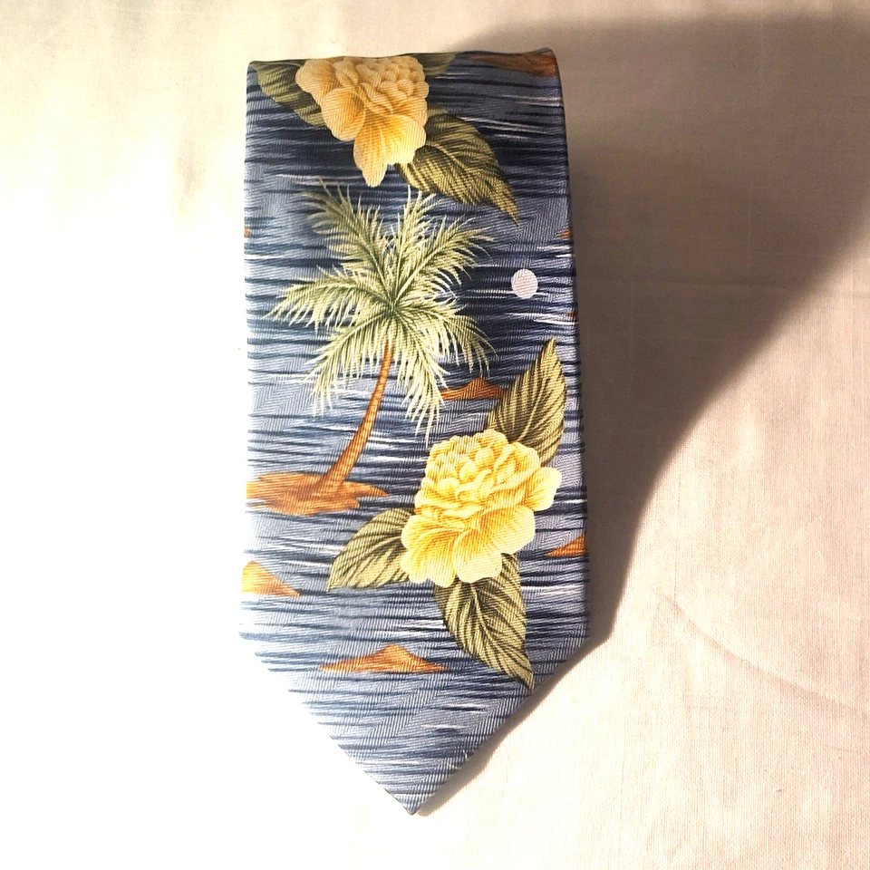 Corbata Tommy Bahama 100 % seda azul palmeras y flores estampado isla hawaiana Foto 3 de 4