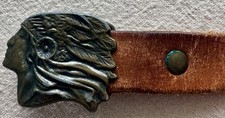 VINTAGE 28  Brass Indian Chief Head Belt Buckle  Brown Embossed Leather Belt