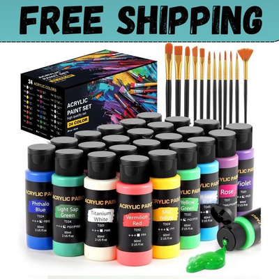 #ad Acrylic Paint Set 24 Colors 2 oz Bottle with 12 Art Brushes Art Supplies for $20.18