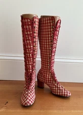 Vintage Early 1970's Battani Red Gingham Laced Boots Deadstock