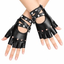 Black Leather Fingerless Gloves for Men Punk Rock Emo Gothic Rivets PU Leathe...