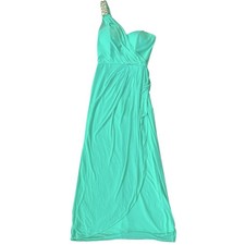 XSCAPE One Shoulder Maxi Dress Size 4 Green Rhinestone Chiffon Bridesmaid Gown