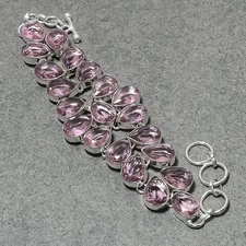 Faceted Pink Kunzite Pear Shape Gemstone Handmade Antique Jewelry Bracelet 8"