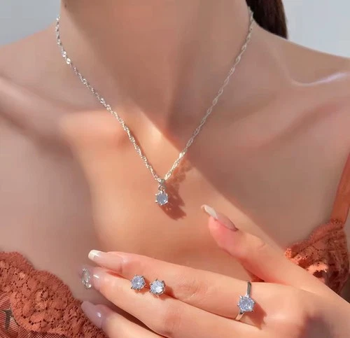 5Pcs Elegant Crystal Jewelry Set Zirconia Ring Necklace Bracelet Earrings set - product listing photo