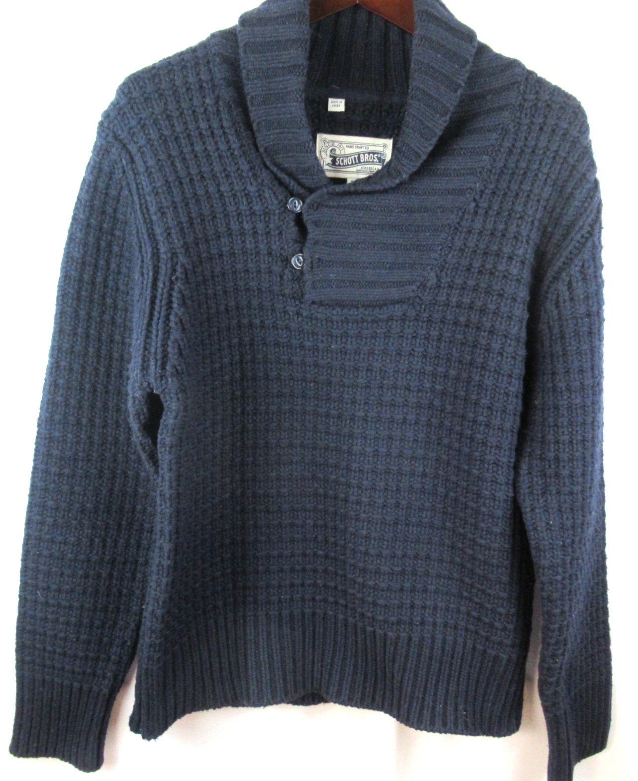 SCHOTT BROS Mens S Wool Blend Chunky Knit Sweater Shawl Collar Navy Blue