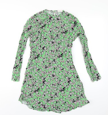 Finery Damen grün Blumenmuster Viskose A-Linie Größe 10 Rundhals Reißverschluss