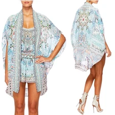 Camilla Lovers Retreat Robe One Size Silk Print Short Sleeve Drape Cardi Cape