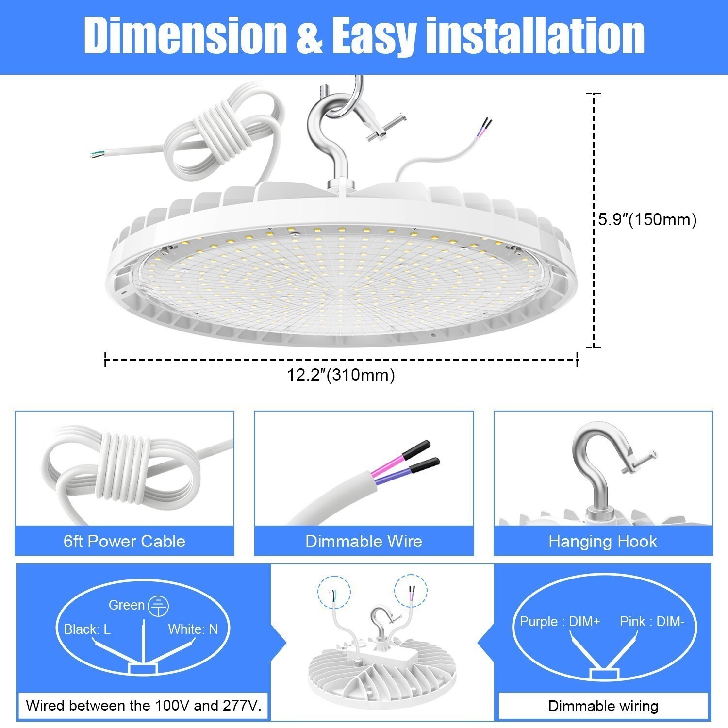 150W LED UFO High Bay Light -22500 Lumens Factory Barn Hanging Fixtures Dimmable